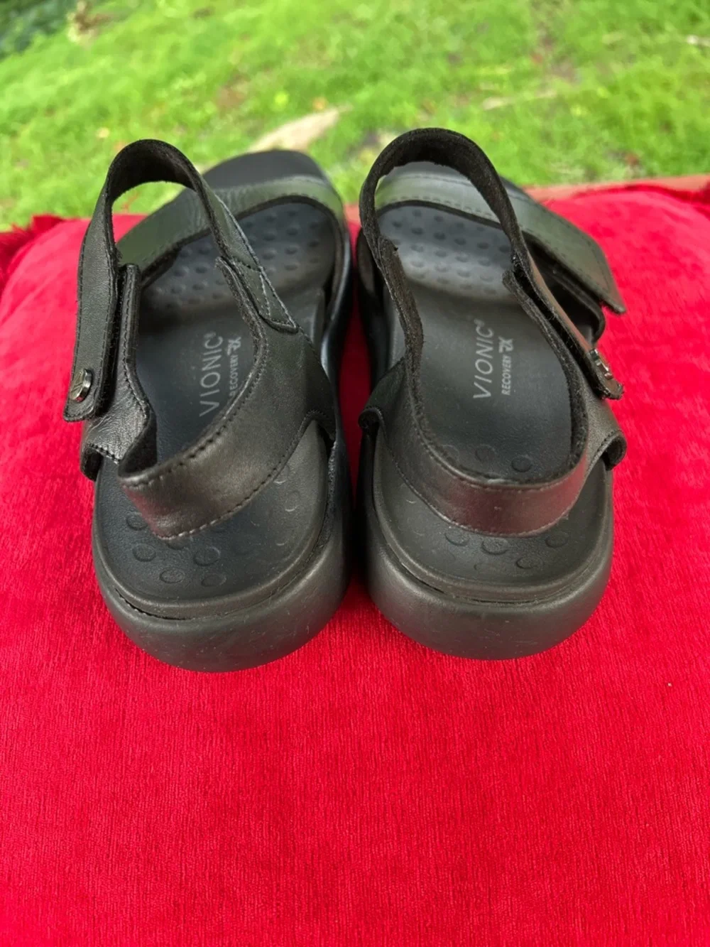 Vionic Black Leather Velcro Strap Sandals